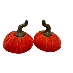 Orange Velvet Pumpkin Autumn Fall Plush Hard Stem Halloween Decor Vtg Set of 2